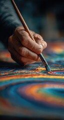 Obraz premium Close-up of a hand painting a vibrant abstract artwork. A detailed view of a hand holding a paintbrush, applying color to a surface with swirling patterns