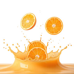 Fresh orange slices splashing into juice isolated on transparent background