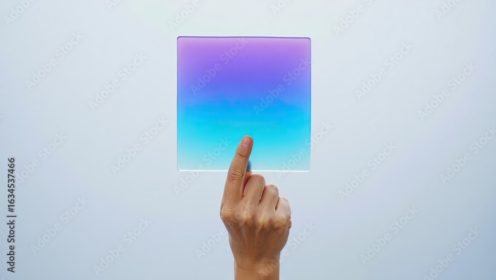 Poster a hand touching a gradient square of purple and blue against a light background, creating a modern a