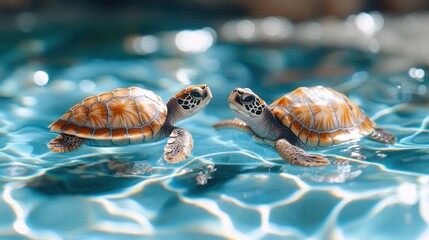 Two tiny turtles face each other in shallow water