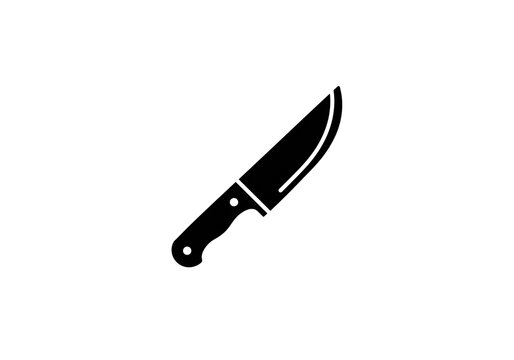 A simple black silhouette of a knife with a curved blade and handle on a white background