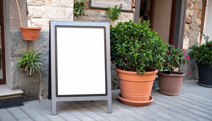 Blank A-frame advertising sign mockup on a city street outside a shop. Empty template for a cafe or restaurant menu.