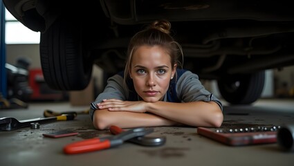 young woman repairing car