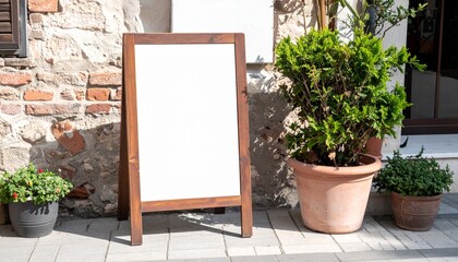 Blank wooden A-frame sign mockup standing on a sunny, rustic stone pavement, ideal for a restaurant menu or shop promotion.