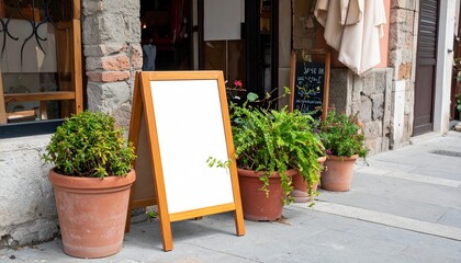 Blank A-frame wooden signboard on a sidewalk in front of a rustic shop. Empty white advertising menu board mockup with space for text.