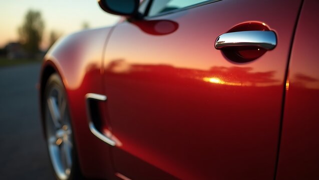 Close up of a red sports car door with a chrome handle reflecting the sunset light and the wheel