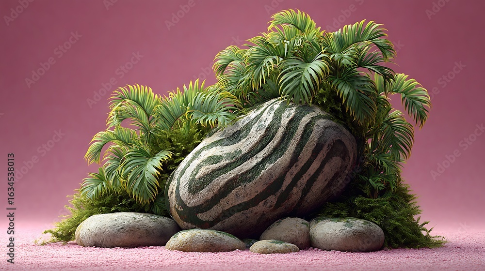 Poster a calming 3d scene of leafy patterns flowing over smooth stones placed on a pink studio floor.