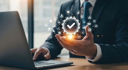 Business professional demonstrates digital quality assurance and verification with glowing checkmark icon and network symbols