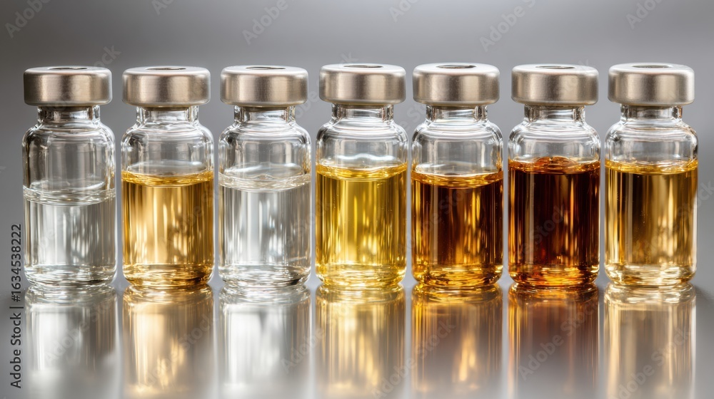 Poster set of daily ampoules arranged neatly in a studio-lit side layout showcasing various liquids in clea