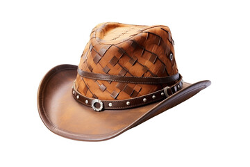 A brown leather cowboy hat with a curved brim, detailed stitching, and a decorative band. The hat is shot at a slight angle on a transparent or white checkered background