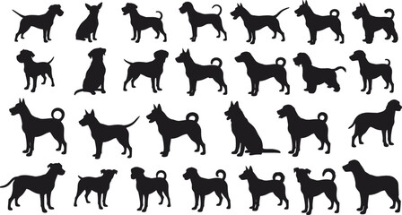 Silhouettes of diverse dog breeds, grid layout, pet illustration, animal shapes, canine diversity, black dogs, breed comparison, dog poses