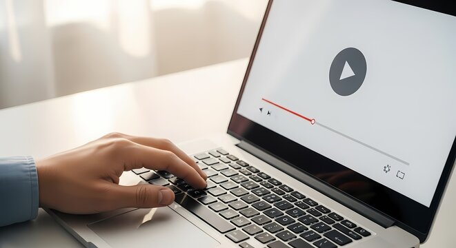 Laptop screen with video player interface and hand