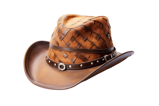 A brown leather cowboy hat with a curved brim, detailed stitching, and a decorative band. The hat is shot at a slight angle on a transparent or white checkered background