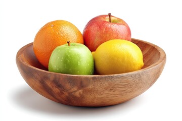 A wooden bowl holds a vibrant orange, a red apple, a green apple, and a yellow lemon; all fruits are fresh and positioned attractively