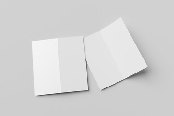 Plain white bi-fold brochure mockup from front and back isolated on light grey background	