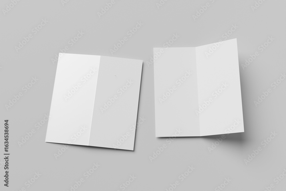 Poster plain white bi-fold brochure mockup from front and back isolated on light grey background