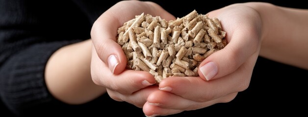Hands holding heart-shaped animal feed granules, conveying love for pets and wildlife in a cozy environment with space for personalized text