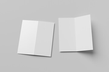 Plain white bi-fold brochure mockup from front and back isolated on light grey background	