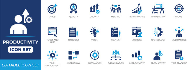 Productivity icon set with tasks, checklist, efficiency, increase, monitoring, review, lightning, improvement, graph, teamwork, goal, and focus symbols for business and project management.