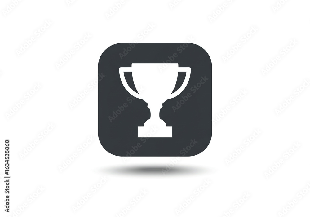 Poster a white trophy icon on a dark gray rounded square with a soft shadow on a plain white background
