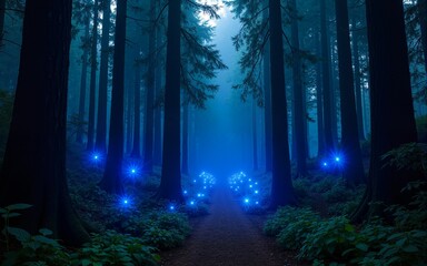Obraz premium Enchanted Redwood Forest at Night with Glowing Blue Lights. High quality