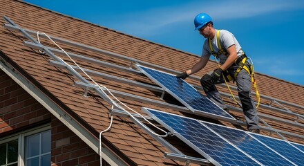 Technician installing solar panels on a residential house roof