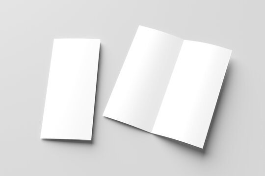 Bi-fold or half fold brochure blank mockup isolated on gray background, Realistic 3D rendering