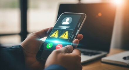 Person holding a smartphone displaying a warning alert with multiple exclamation marks and a red decline button