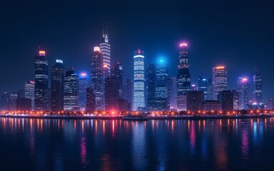 Fototapeta premium Night City Lightscape: Vibrant Skyline Glowing with Bright Energy. High quality