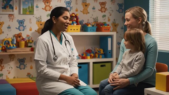 Pediatrician Consults with Mother and Child in Colorful Office