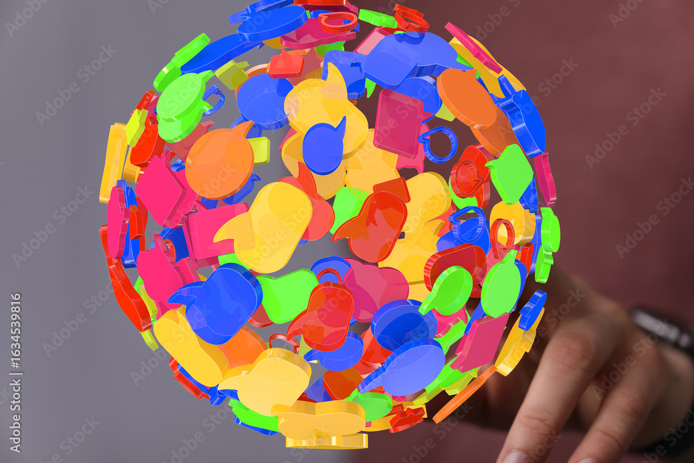 Poster abstract image of colorful speech bubbles forming a sphere, symbolizing global communication and dia