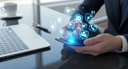 Businessman using smartphone with social media icons digital illustration