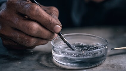 Close-up of hands meticulously painting on watch face in water dish