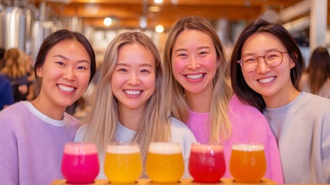 Group of friends enjoying colorful drinks, cheerful young women smiling together at a vibrant social gathering, with copy-space.