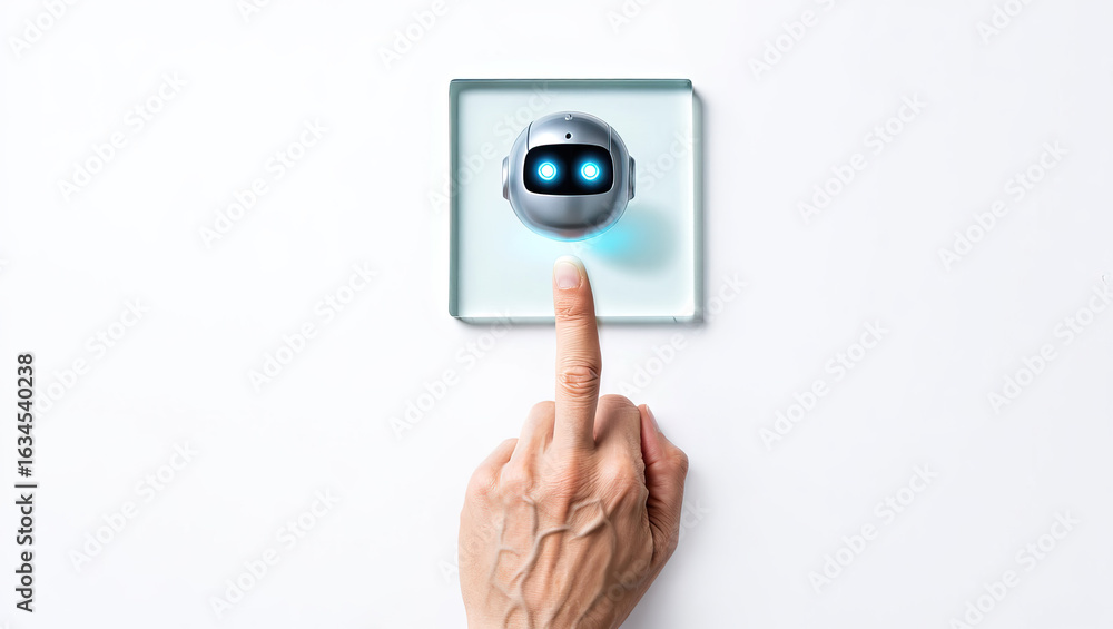 Poster a finger touching a transparent square with a robot icon, representing artificial intelligence and m