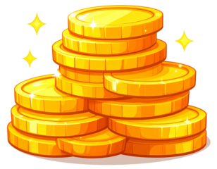 Cartoon-Style Gold Coin Stack with Sparkles, Bright and Playful PNG