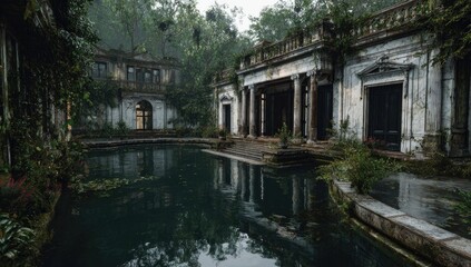 Ruined garden pavilion by a reflecting pool