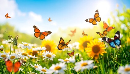 Butterflies over daisy field