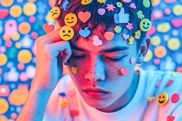 Teenager suffering from social media addiction covering face with emojis