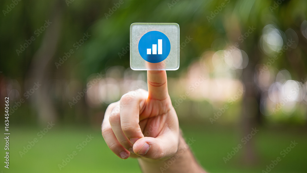 Poster elevating success a finger taps a transparent icon displaying a rising bar graph against a blurred g