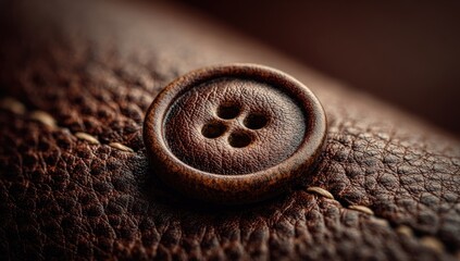 Close-up of a brown wooden button on dark brown leather