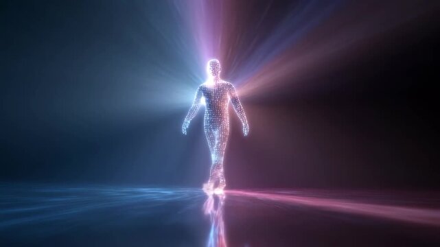 hologram of a human body walking while emitting an energy aura
