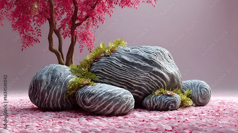 Poster a calming 3d scene of leafy patterns flowing over smooth stones placed on a pink studio floor.