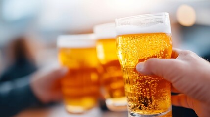 Cheers with craft beers, hands clinking glasses filled with golden ale, festive atmosphere perfect for celebrations.