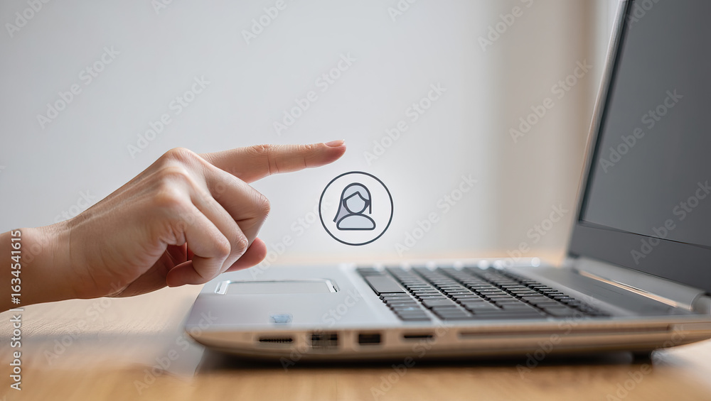 Poster connecting digitally a person's finger hovering over a user profile icon on a laptop representing on