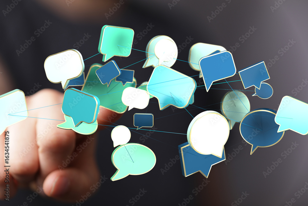 Poster abstract image of interconnected speech bubbles, symbolizing global communication and networking.