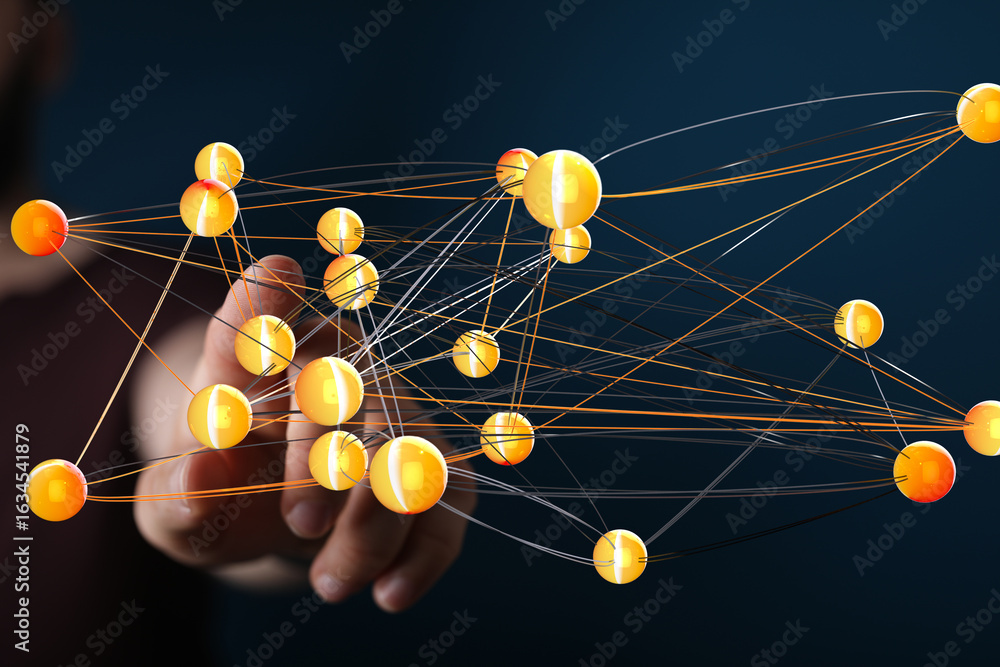 Poster abstract image of a complex network, representing global connectivity, data flow, and digital transf