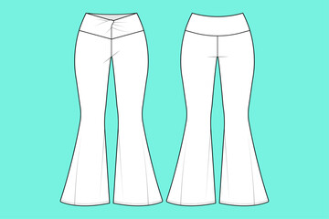 Women's Wide Leg 90s Sportswear Pants Fashion Flat Sketch Technical Drawings Vector Illustrator Template.