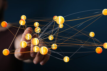 Abstract image of a complex network, representing global connectivity, data flow, and digital...