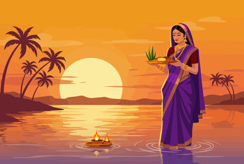 A woman in traditional Indian attire stands in a river at sunset, offering prayers and holding a puja thali during the sacred Hindu festival of Chhath Puja.